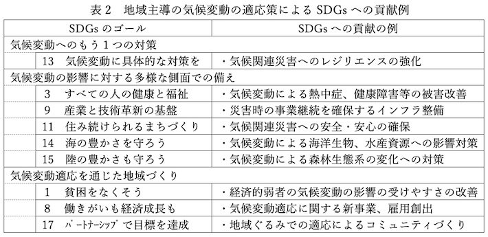 表2 地域主導の気候変動の適応策によるSDGsへの貢献例