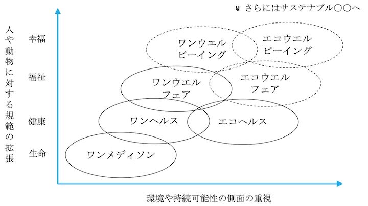 ワンヘルスやワンウエルフェアに関連する考え方の展開イメージ